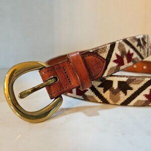 Dan Place Vintage Handcrafted Leather & Woven Pattern Belt Brass Buckle Size 36
